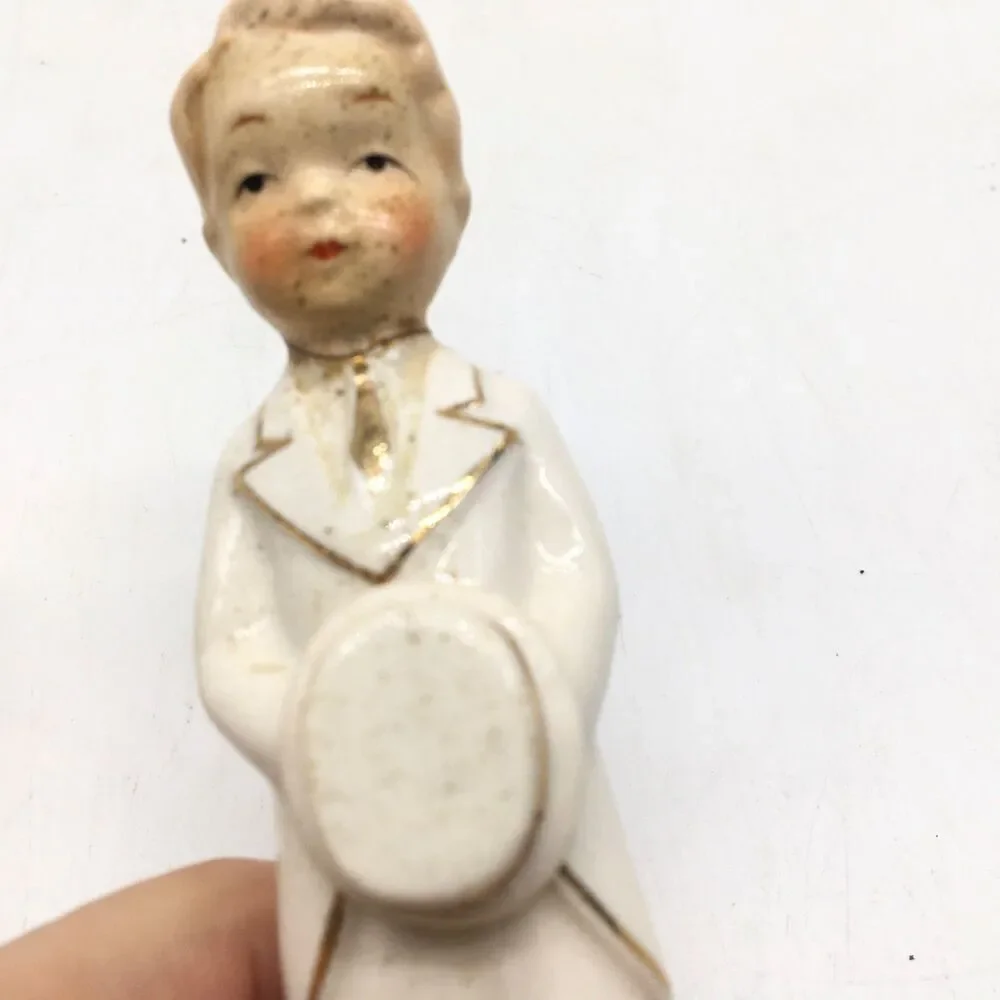 Vtg Porcelain Bride and Groom Wedding Topper White Gold 5” Japan READ Distressed